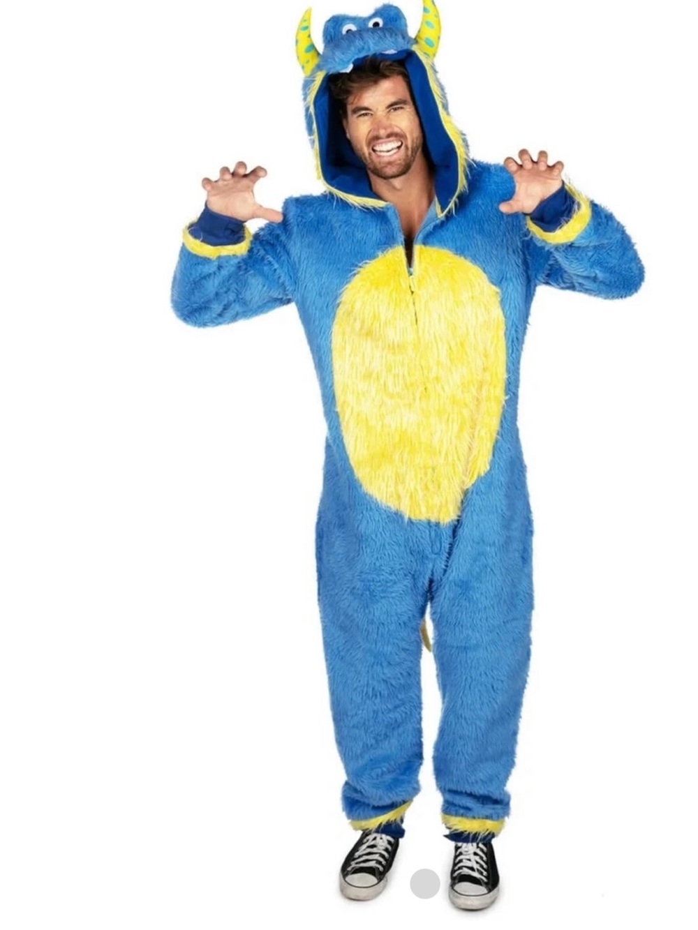 Tipsy Elves Blue and Yellow Fuzzy Monster Hoodie Onesie